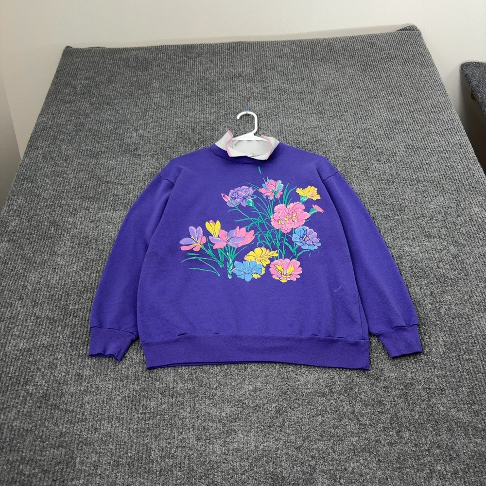 Vintage Huntington Ridge Sweatshirt Womens Purple Floral Mock Neck Grandma Core